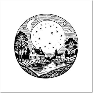 Full Moon Night in the Village Posters and Art